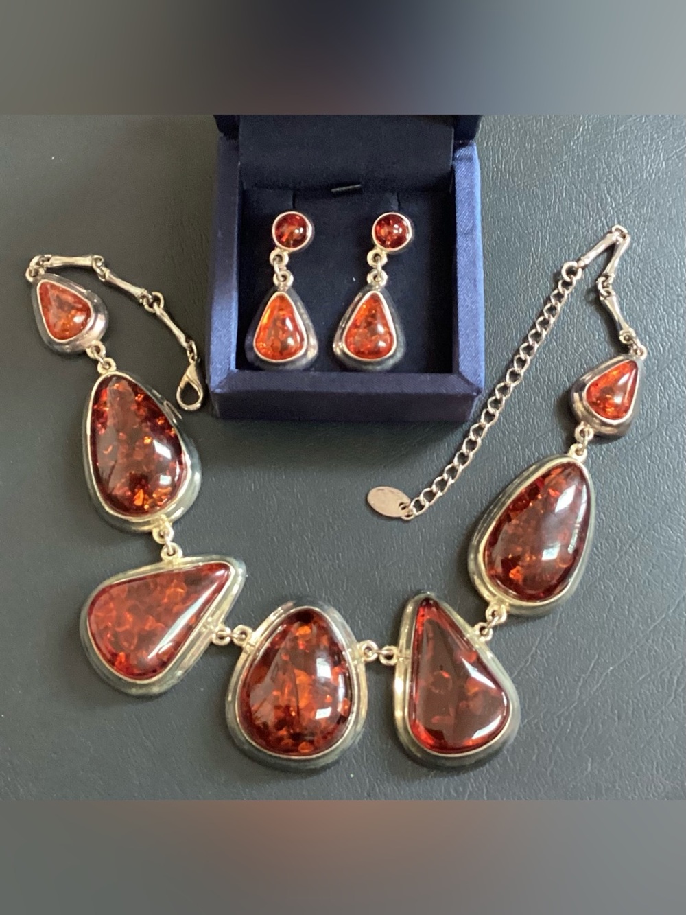 Large Sterling Silver Amber looking Teardrop Necklace & Earrings Set